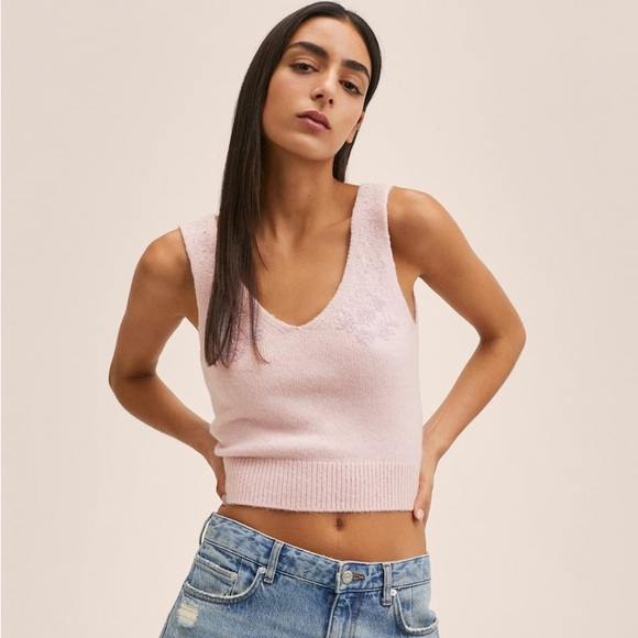 Mango sweater tank top with beaded flower embroidery detail on top - Picture 1 of 5